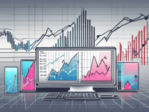 A stock exchange market with various abstract symbols representing different stock prices fluctuating on a digital screen