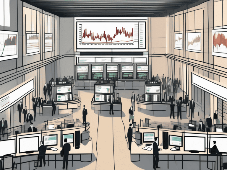 A bustling stock exchange floor with trading screens