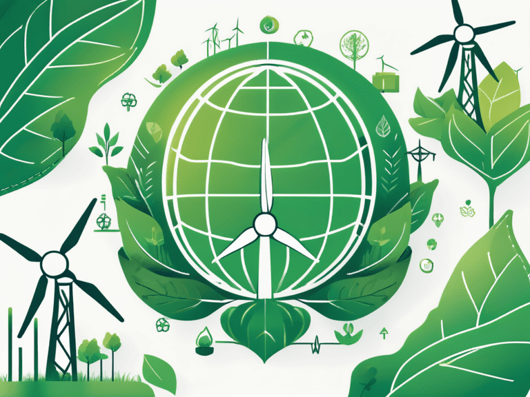 A globe surrounded by various eco-friendly and ethical symbols such as a green leaf