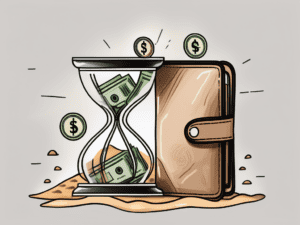 A wallet with various types of currency flowing into a sand hourglass