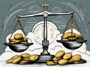 A balanced scale with a pile of gold coins on one side representing returns