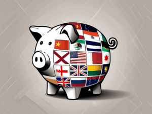 A home-shaped piggy bank with various national flags