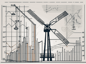 A stock market chart with fluctuating lines and symbols representing various industries