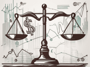 A balanced scale with stock market symbols on one side and dollar signs on the other