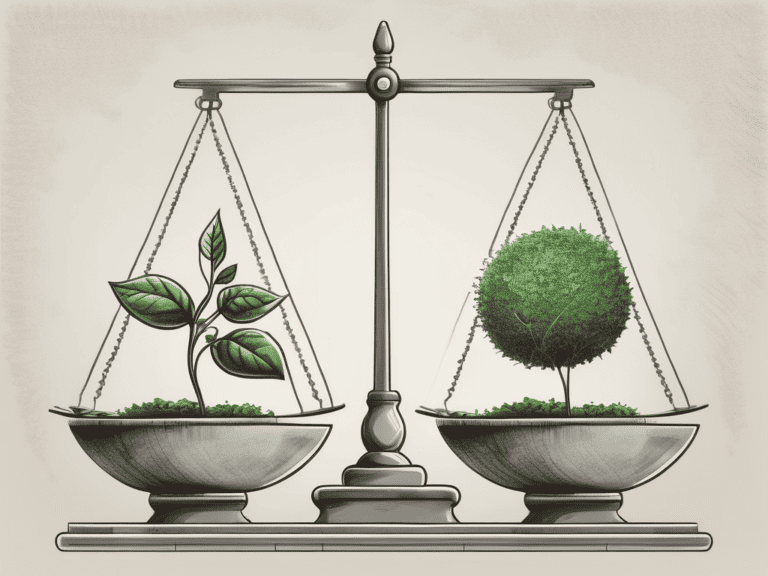 A balanced scale with stocks on one side and a hedge (plant) on the other