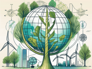 A globe with various sustainable elements like trees