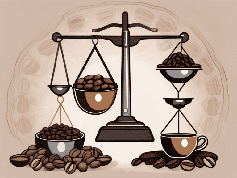 A balanced scale with various fair trade products like coffee beans