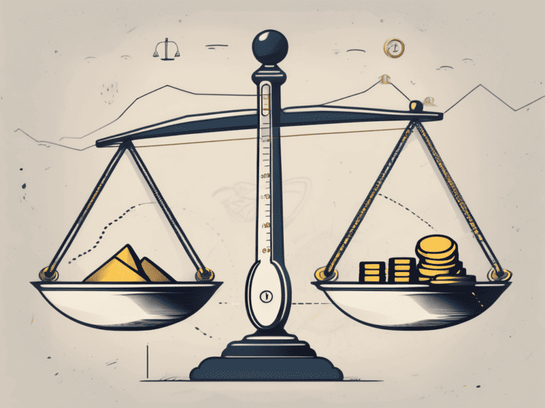 A balance scale with various investment symbols (like property