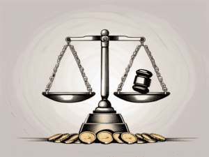 A symbolic scale balanced with coins on one side and a gavel on the other