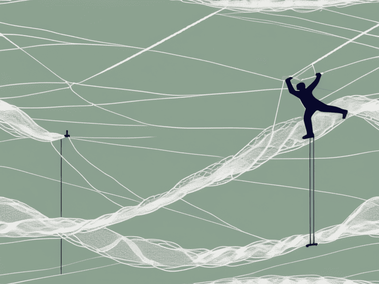 A tightrope walker balancing on a rope over a chasm