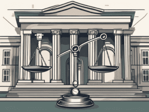 A pair of scales balancing a government building and a coin