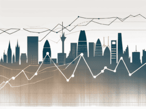 A stock market chart with upward and downward trends