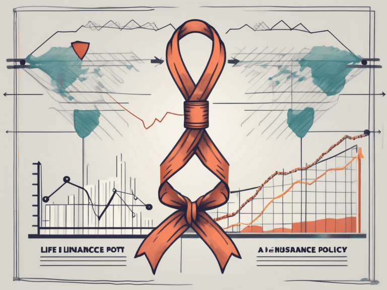 A life insurance policy tied up with a ribbon that transitions into a stock market graph