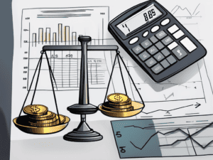 A balanced scale with various financial symbols like currency