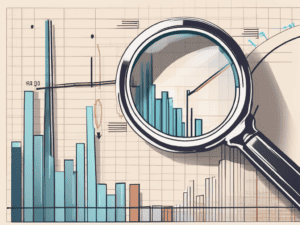 A magnifying glass hovering over a bar graph and pie chart