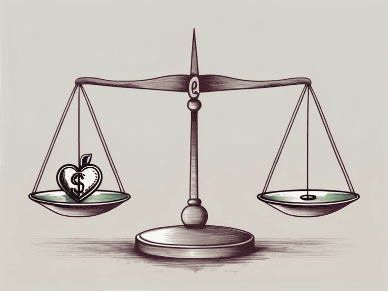 A pair of scales balancing a heart and a dollar sign
