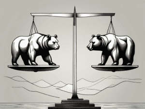 A scale balancing a bull and a bear statue