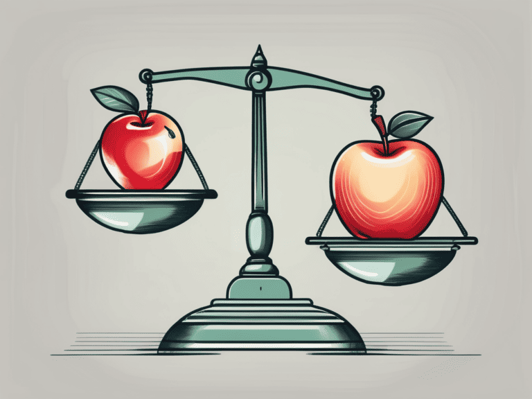 A scale balancing a full apple and a sliced apple