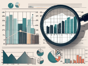 A magnifying glass hovering over a diverse array of stock market indexes represented by different bar graphs and pie charts