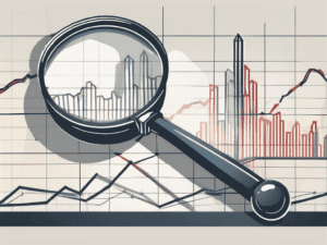 A magnifying glass hovering over a stock market graph