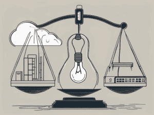 A scale balancing a physical asset (like a building) on one side and symbolic icons of intangible assets (such as a lightbulb for ideas