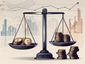 A balance scale with coins on one side and a tax document on the other