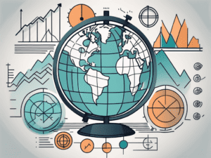 A globe with different economic symbols like money