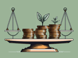 A balanced scale with stacks of coins on one side and a growing plant on the other