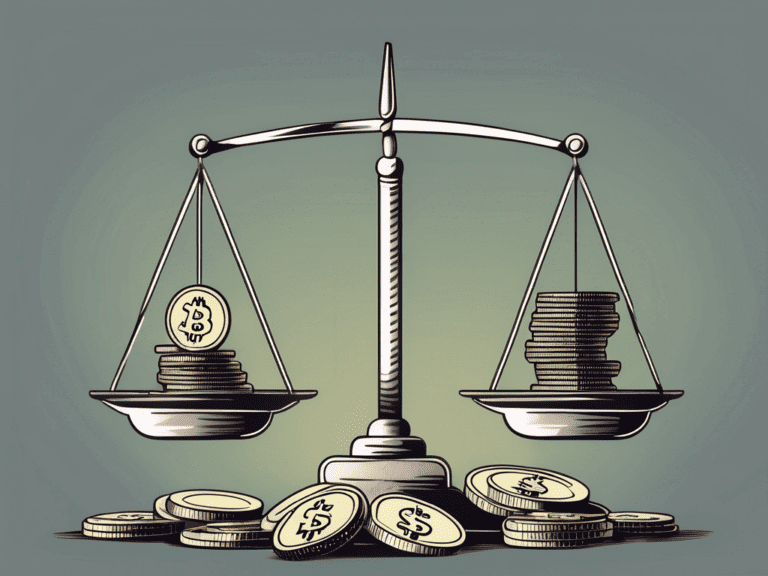 A balance scale with coins on one side and a stack of paper money on the other