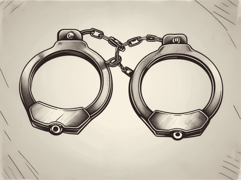 A pair of handcuffs linked to a bond paper