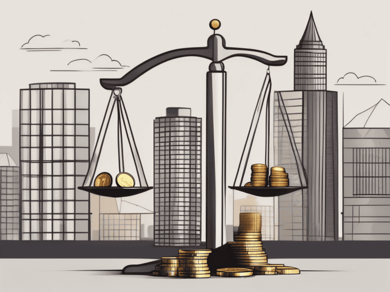A balanced scale with various sized buildings on one side and a stack of coins on the other