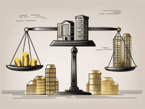 A balance scale with stacks of gold coins on one side and a collection of diverse buildings (representing real estate)