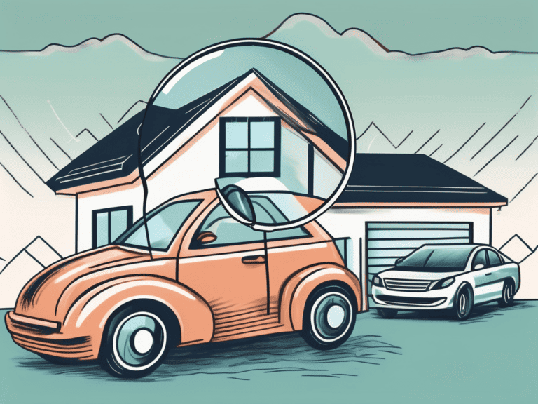 A magnifying glass hovering over a house and a car