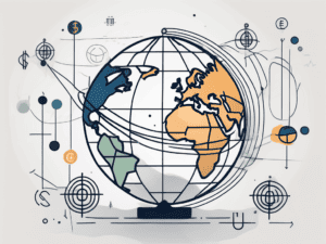 A globe with different financial symbols