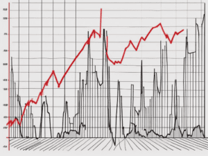 A stock market chart with a downward trend line